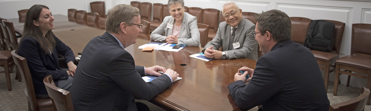 Chancellor Sam Hawgood and Vice Chancellor for Science Policy Keith Yamamoto, along with Natalie Alpert (l) and Barbara French, former VC for Strategic Communications, meeting with Matt Hoffman, Senior Health Policy Advisor to Speaker Paul Ryan in 2016.